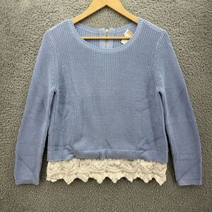 Chico's Size 1 Medium‎ Blue Long Sleeve Waffle Knit Pullover Sweater Lace Trim